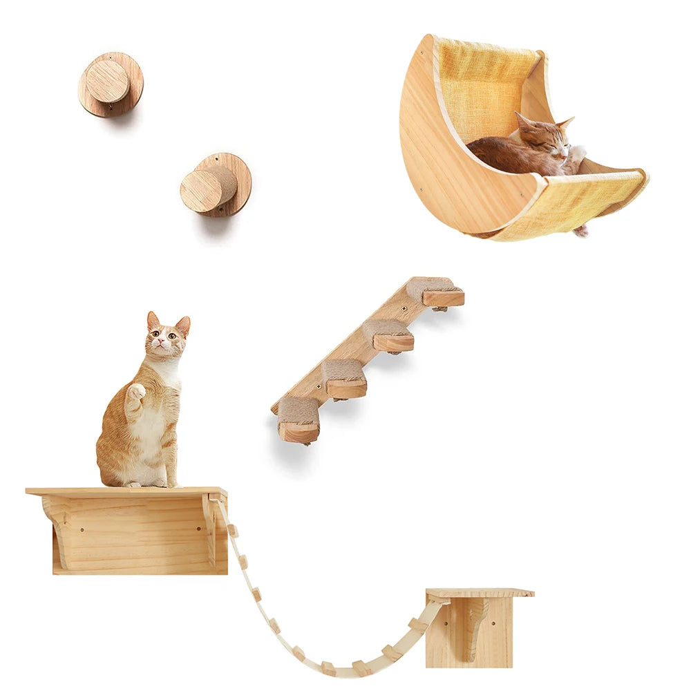 Wooden cat wall shelves featuring a hammock, climbing steps, and a curved lounging bed.