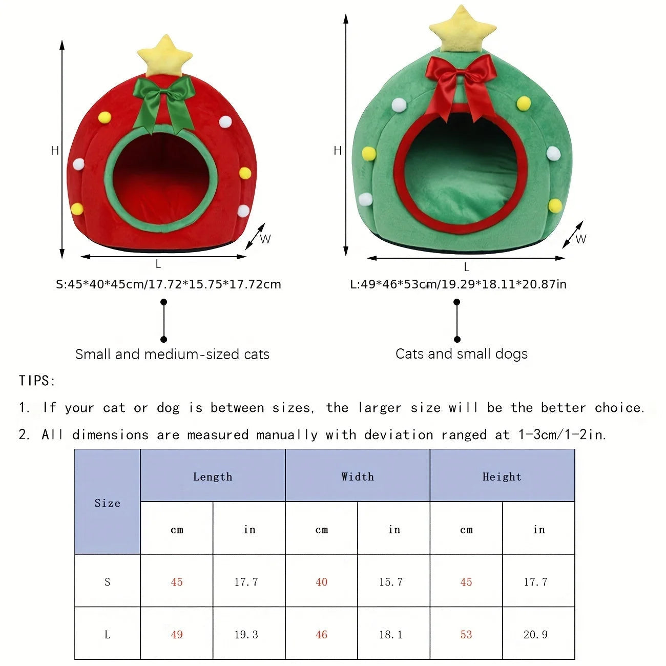 Christmas cat house dimensions in red and green, suitable for cats and small dogs, with size chart and tips.