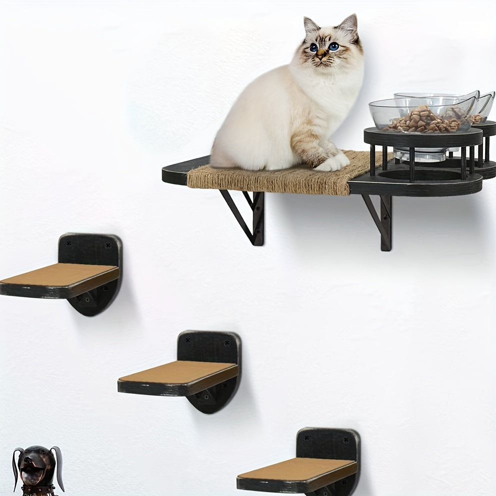 Classic cat perch wall mount with a black finish, sisal mat, and climbing steps for active cats.