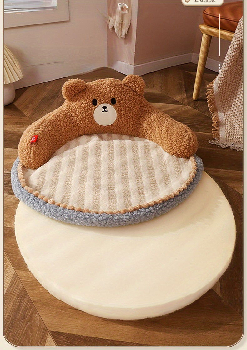 A close-up view of a brown teddy bear-designed cat bed, showcasing its soft and cozy material for an outdoor cat bed.