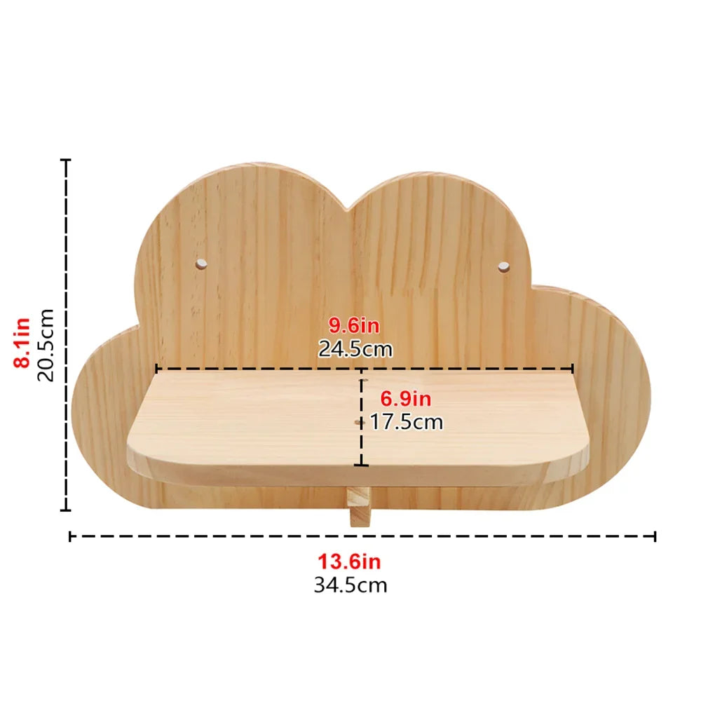 Cloud-shaped wooden cat shelf with dimensions labeled, perfect for a stylish and cozy cat wall setup.