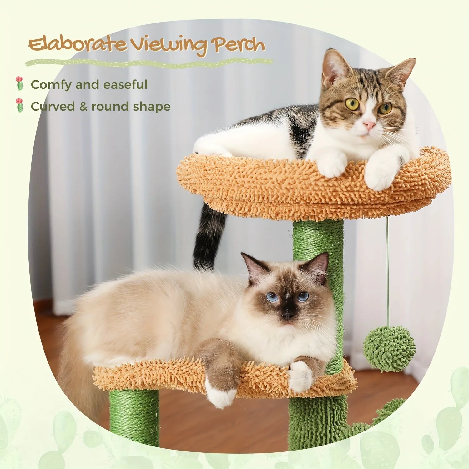 Two cats lounging on a curved and comfy viewing perch of a stylish cat tower and scratching post."