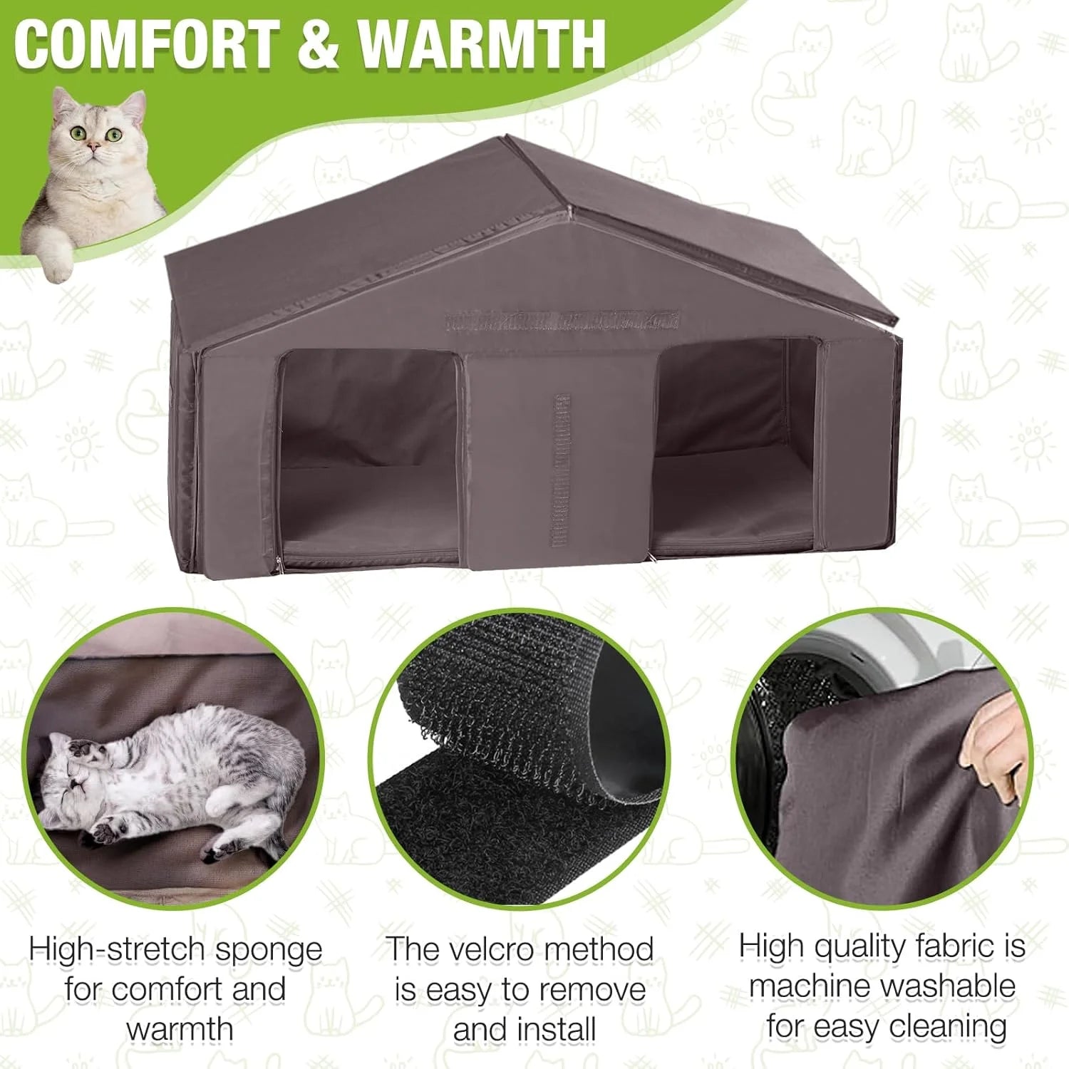 Comfortable and warm heated cat house for outdoor cats with a washable cover and easy-to-install design for cold weather.