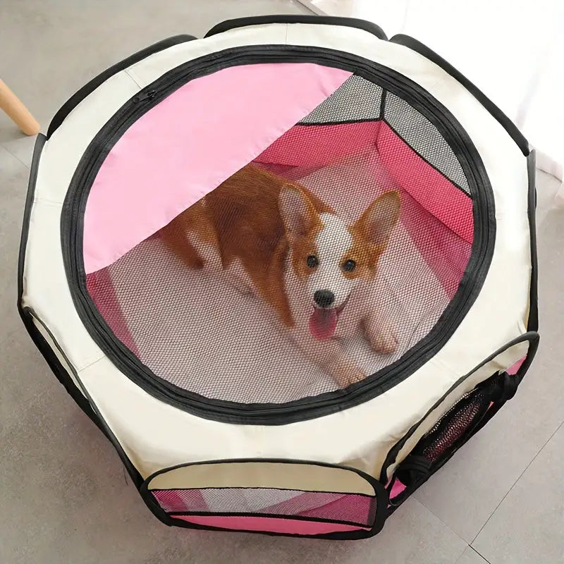 Compact and portable indoor pet playpen suitable for cats and small dogs, featuring a durable pink and beige design.