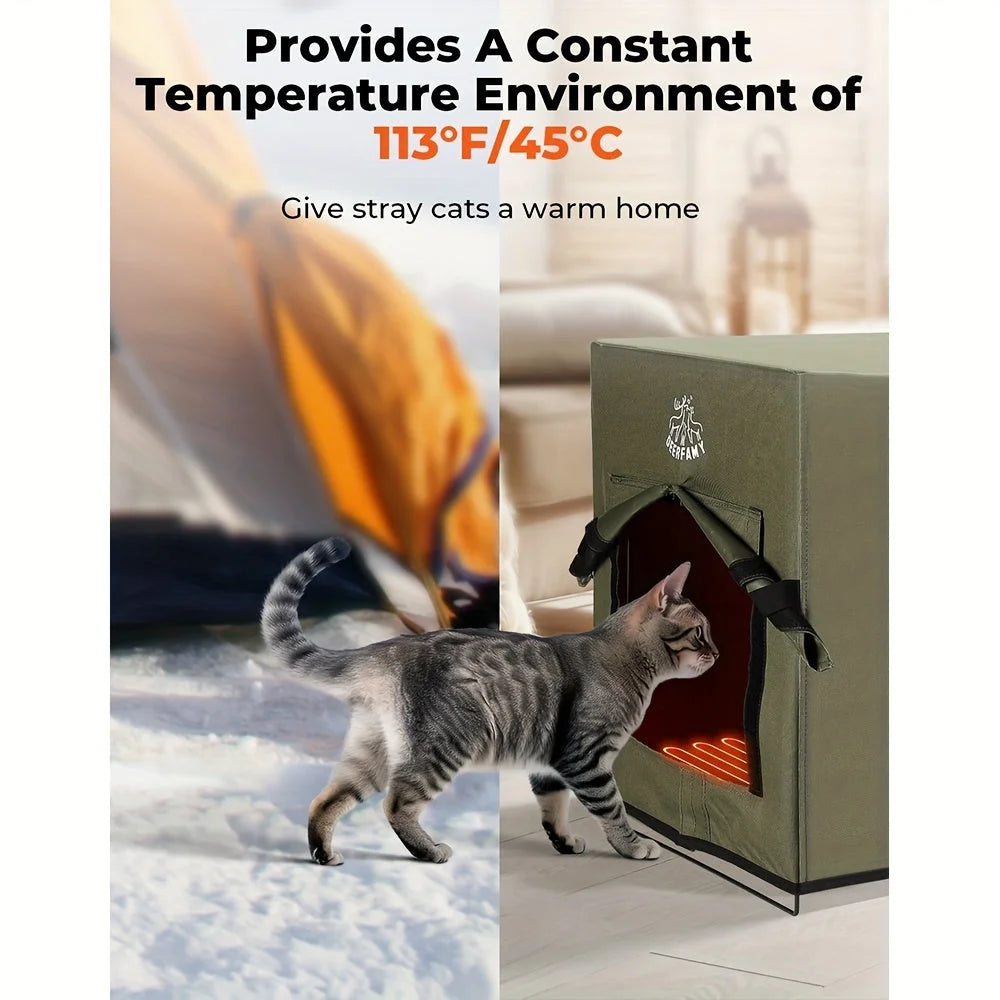 Cozy interior view of a heated cat house for outside, keeping pets warm and comfortable with a heated floor pad.