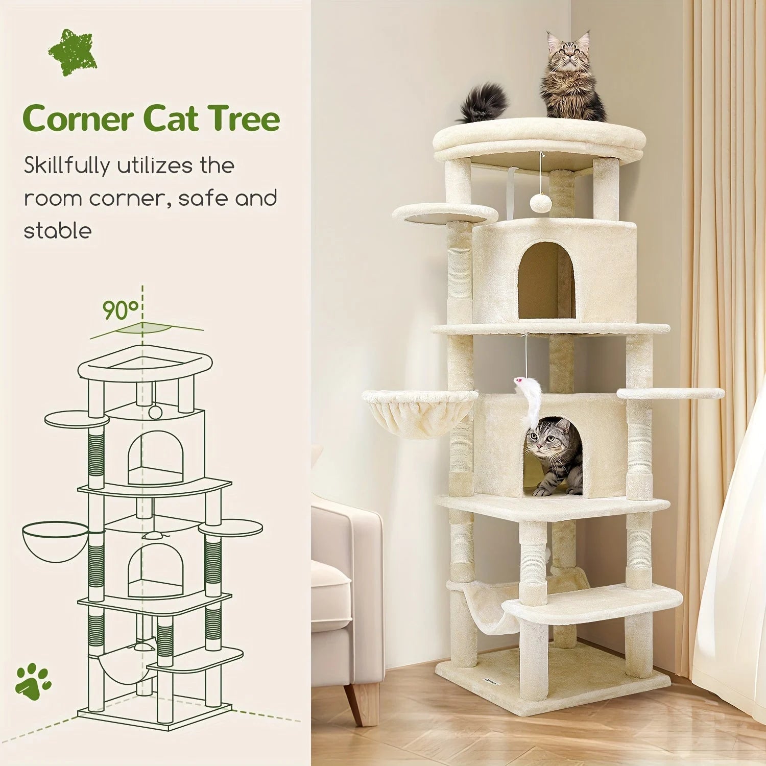 Corner cat tree with detailed schematic dimensions, skillfully designed for maximizing space utilization.