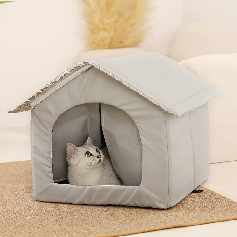 Cozy gray indoor cat house with a comfortable and stylish design.