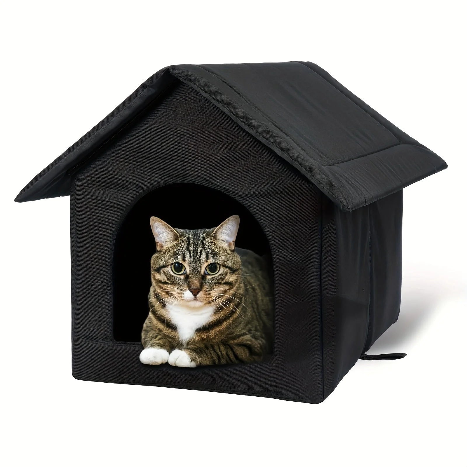 A comfortable cat enjoying an insulated cat house for winter, perfect for warmth and shelter.