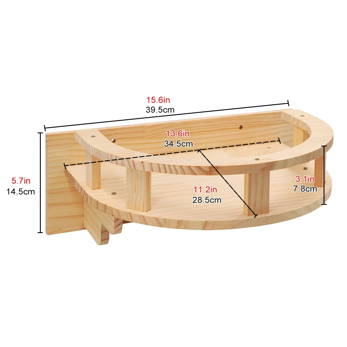 Curved wooden cat perch with detailed measurements, ideal for wall-mounted installations.