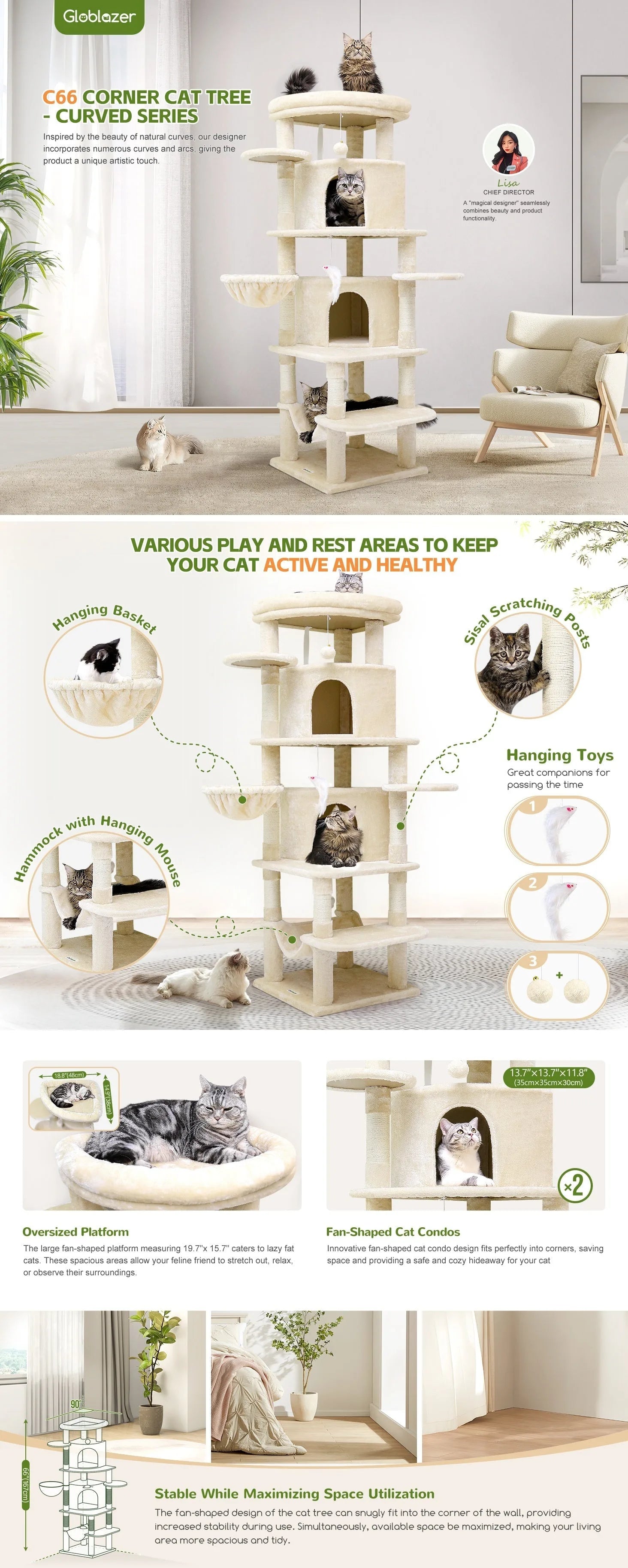 "Cat owner interacting with cats on a multi-level chewy cat tree, showcasing its pet-friendly design."