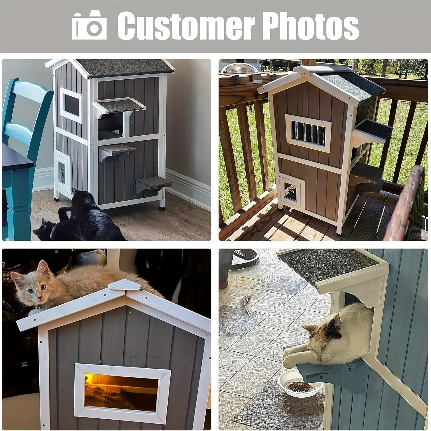 Customer photos of outdoor feral cat house placed indoors and outdoors with cats using the space