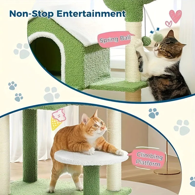  Non-stop entertainment for cats with a spring ball and climbing platform on the Cactus Cat Tree." 