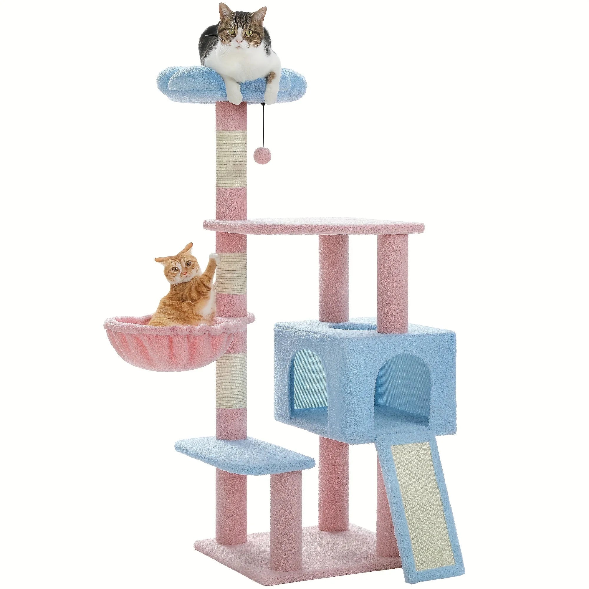 Small cat tree with floral top in blue and pink design, featuring cozy platforms and cats lounging on it.