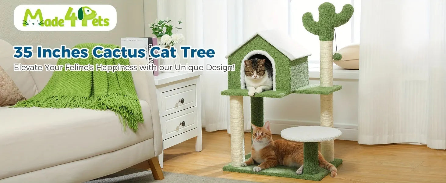 Unique 35 Inches Cactus Cat Tree designed to elevate your feline's happiness with its fun and functional features. 