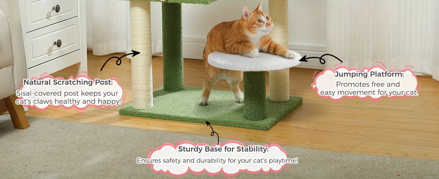 ute cat tower with detailed measurements, offering fun and functionality in a compact 3.36 ft² area."

