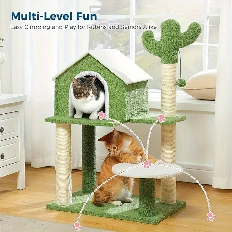 Multi-level fun cactus cat tree for easy climbing and play, suitable for kittens and senior cats alike."