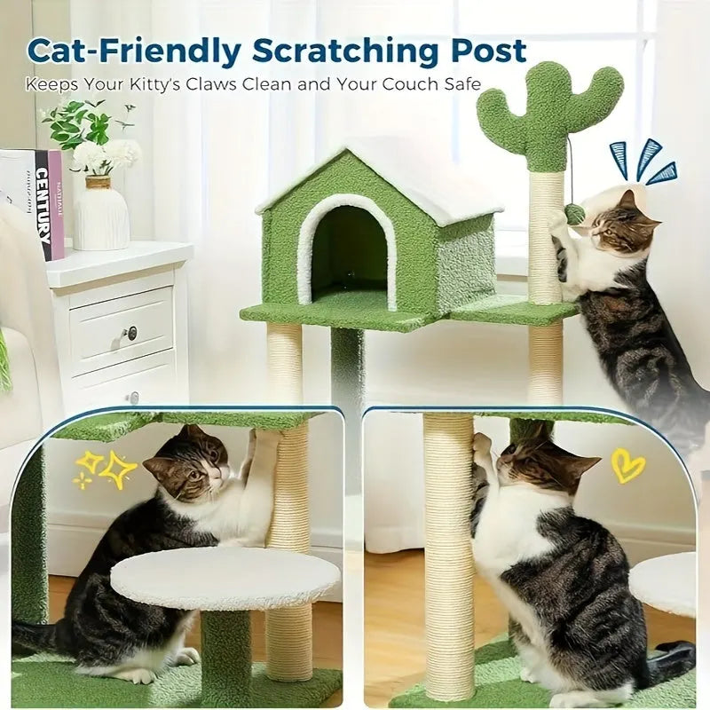 Sturdy base, natural sisal scratching post, and jumping platform for cats on the durable Cactus Cat Tree."