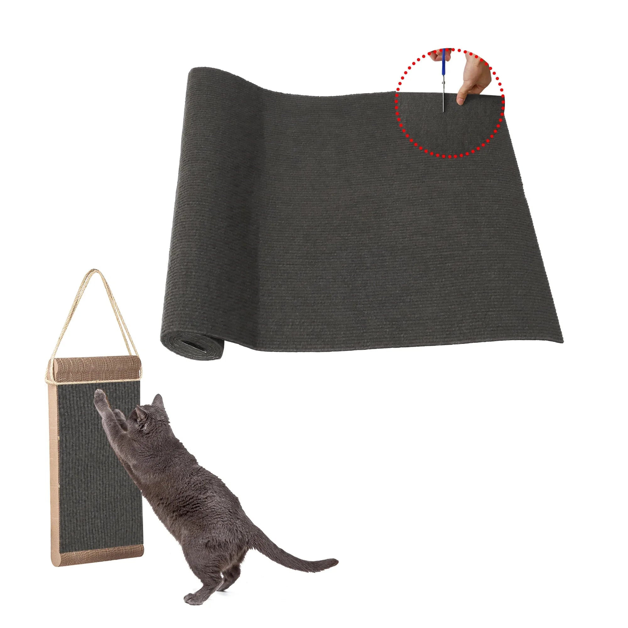 A dark sisal scratching mat for cats, suitable for wall attachment to create a climbing and scratching surface.