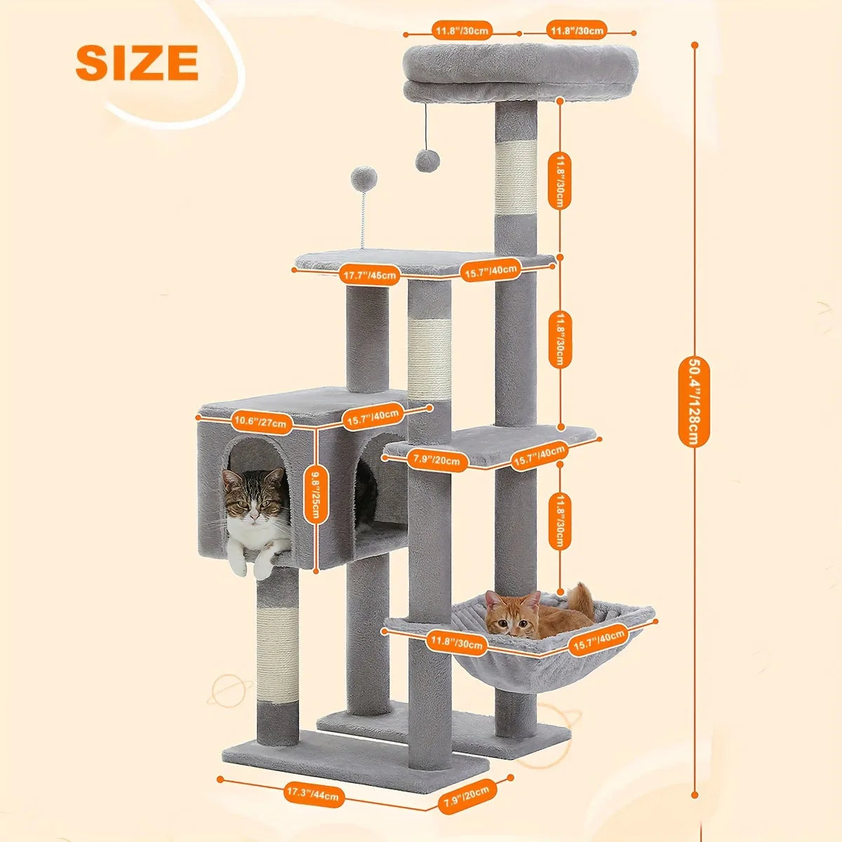 Detailed dimensions of the best cat condo, showcasing all features including a hammock, perch, and scratching posts.