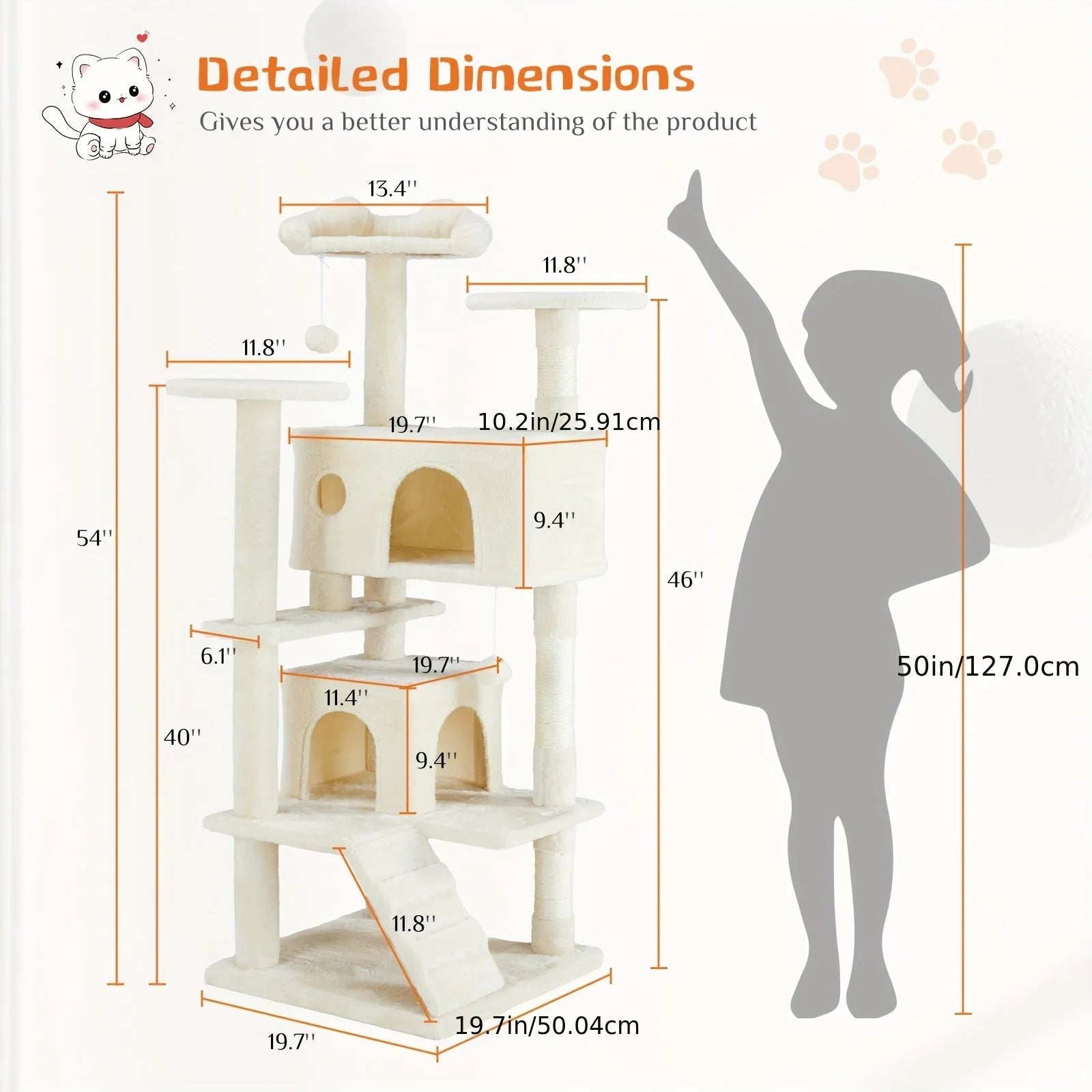 Detailed dimensions of a multi-level cat tree designed for cats, ideal for complementing Christmas trees during the holiday season