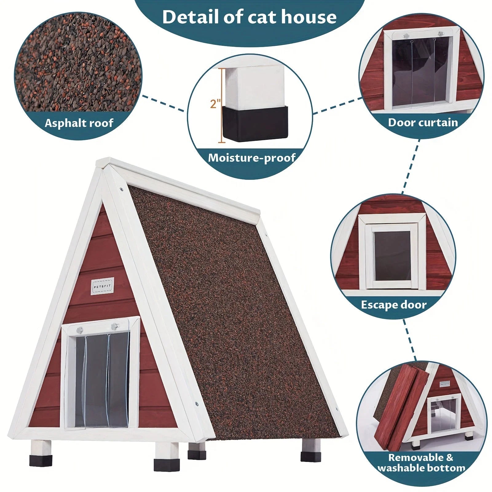 A detailed view of a small outdoor cat house with a red wooden finish and asphalt roofing, featuring a cat looking out