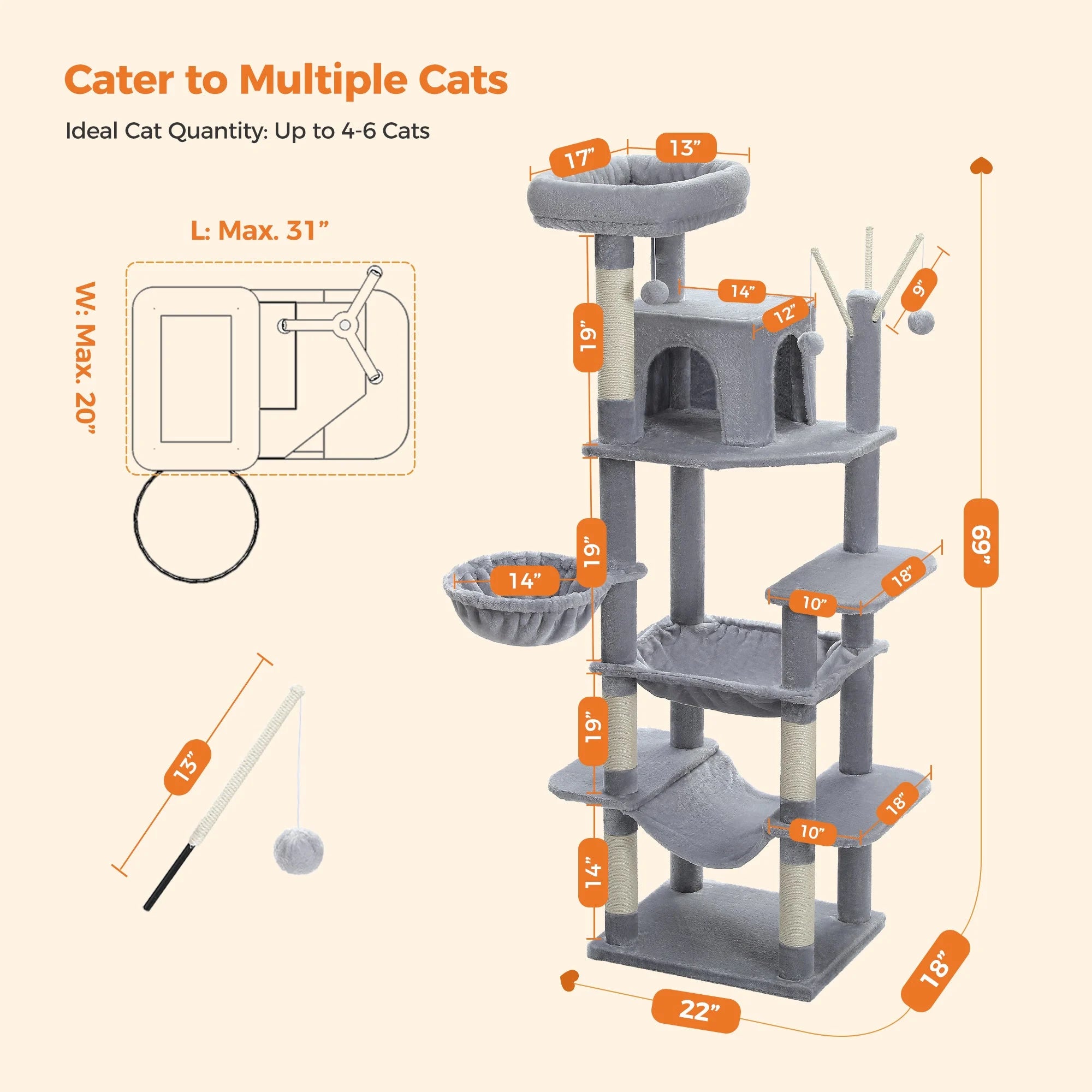 Detailed dimensions of a cat condo for large cats, showcasing wide platforms, sturdy design, and multiple play levels."