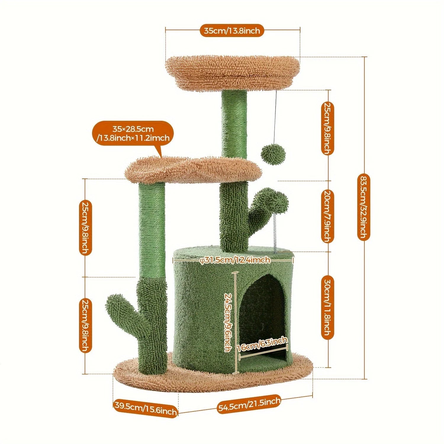 Detailed dimensions of a cactus-themed multi-level cat tower and scratching post, featuring interactive toys, scratching posts, and a cozy condo.