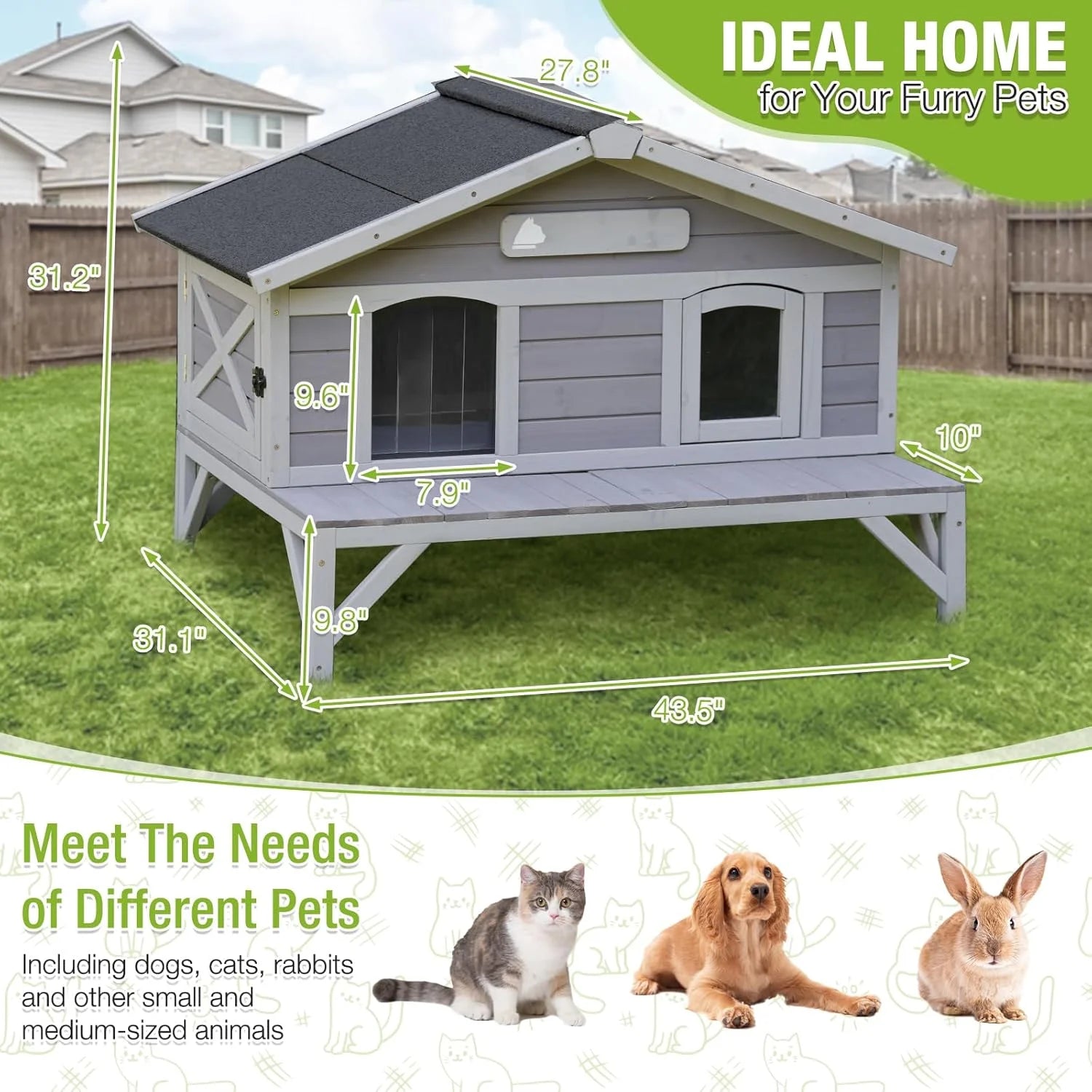 Heated cat house for outdoor cats with detailed dimensions, suitable for cats, dogs, and other small animals, designed for outdoor use.