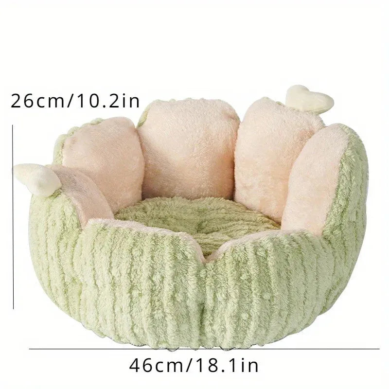 A green and pink plush cat bed with dimensions displayed, an ergonomic bedding for cats