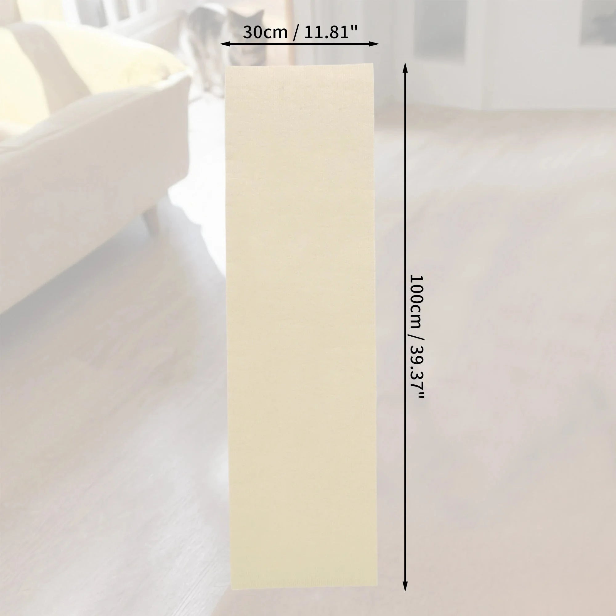 Dimensions of a cat scratching wall pad, showcasing its height and width for perfect placement.