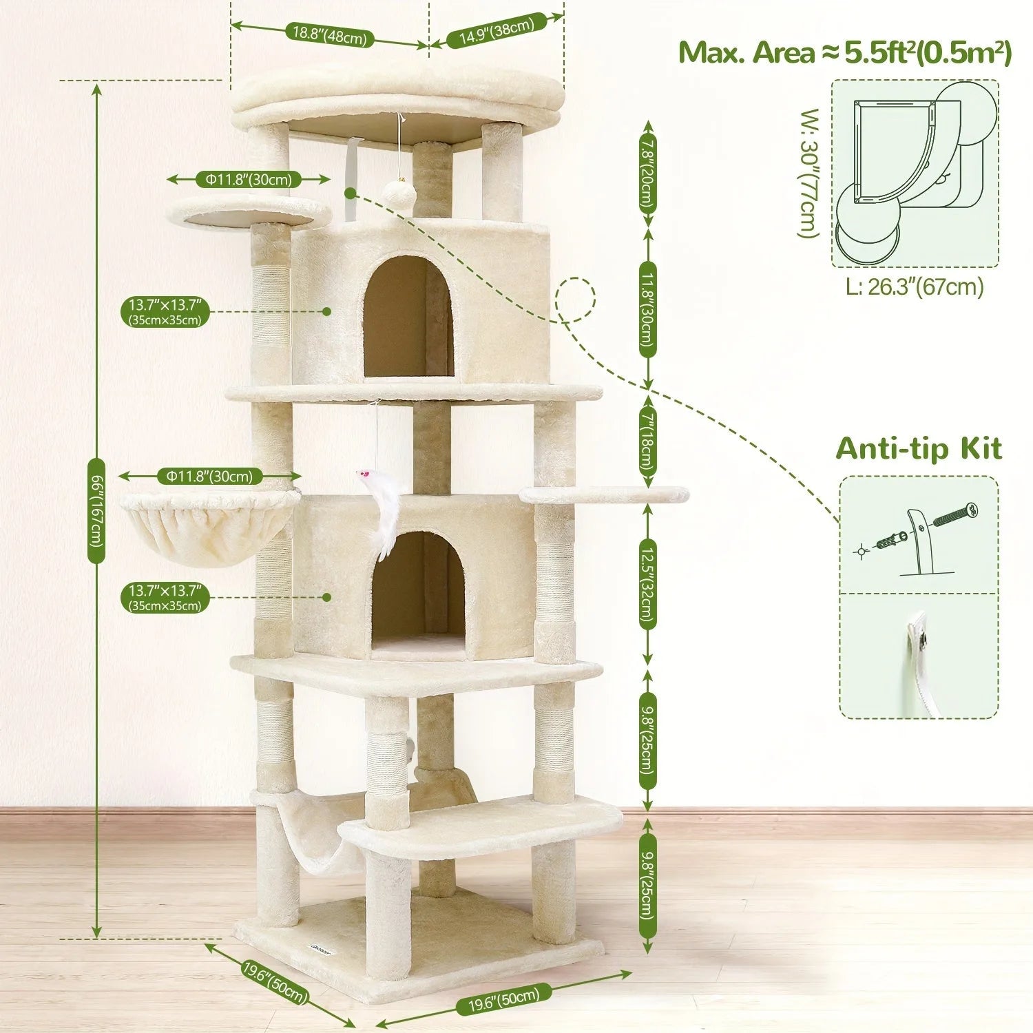 Detailed dimensions of a multi-level chewy cat tree, showcasing platforms, condos, and hanging basket.