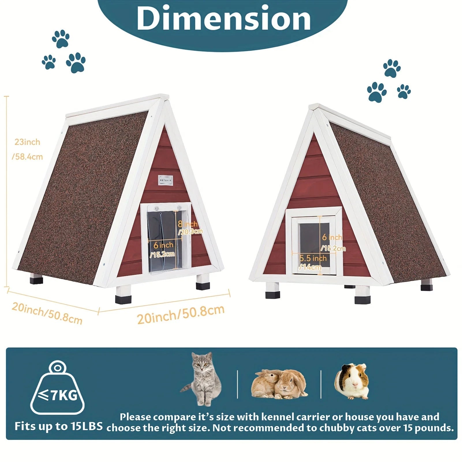 A detailed dimension guide for a small outdoor cat house, showing compatibility with cats, rabbits, and guinea pigs weighing up to 15 lbs