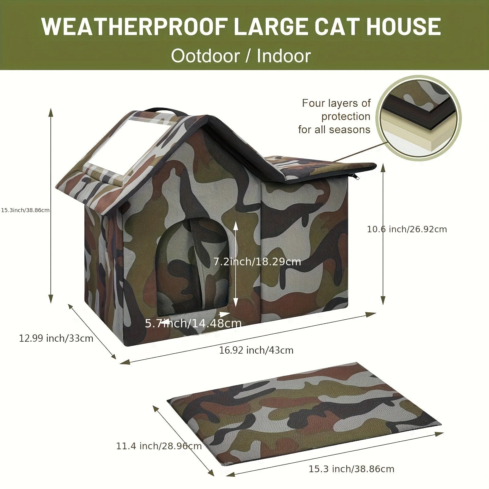 Weatherproof large outdoor cat shelter for winter with detailed dimensions and features