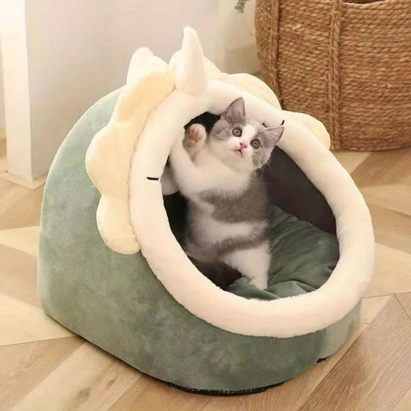 A unique dinosaur-shaped covered cat bed with plush material, offering comfort and fun for cats.