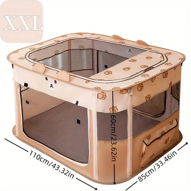 A large, beige pet playpen with mesh sides and a paw print pattern. It measures 110cm by 85cm by 60cm.