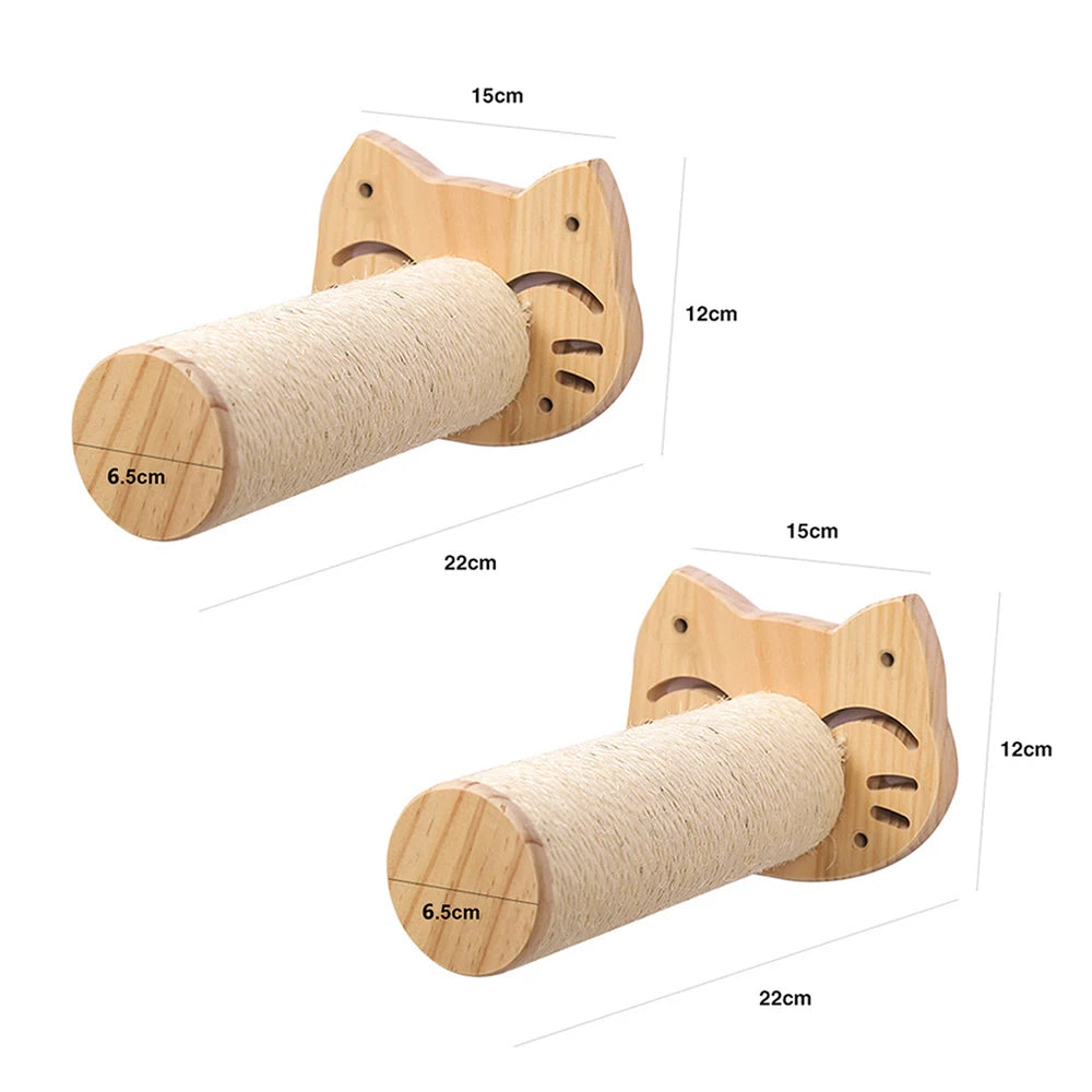 Set of two sisal-covered scratching posts for cat wall climb activities.