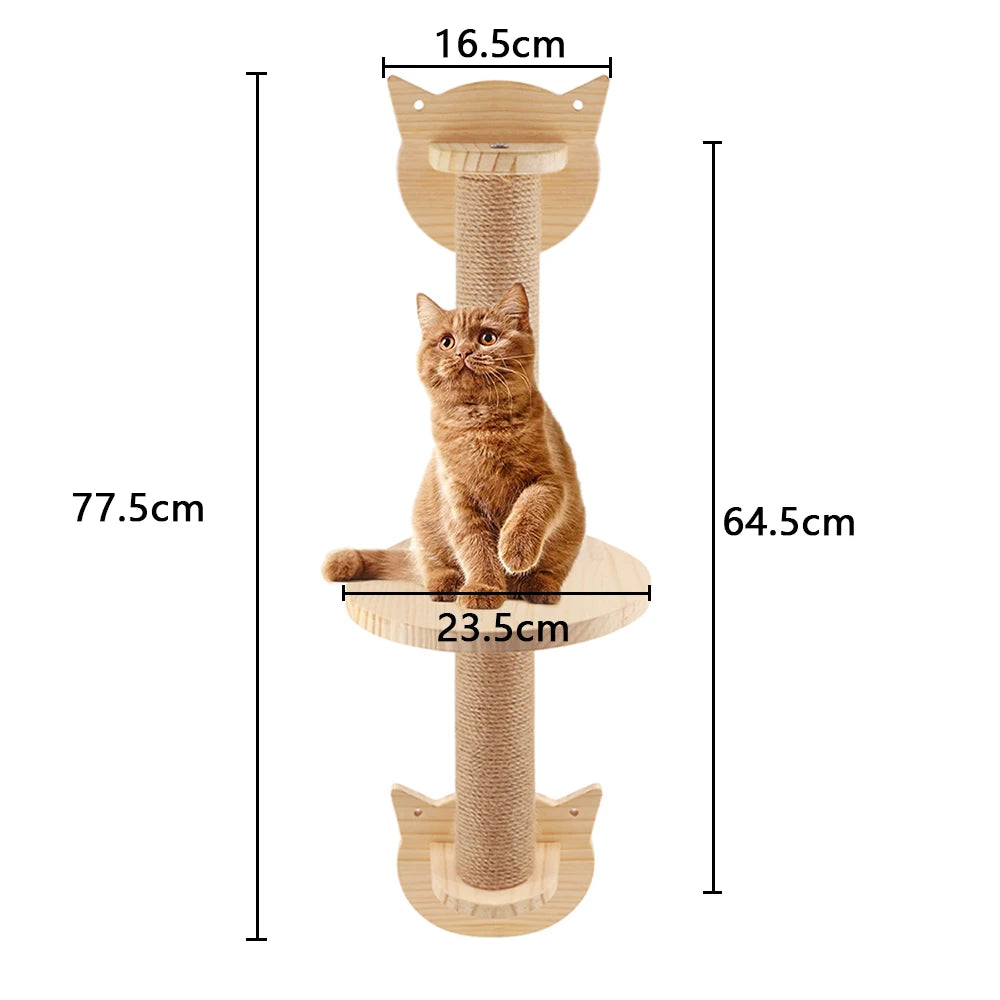 Dual-tier wall-mounted scratching post for cats, designed with a stable wooden platform.