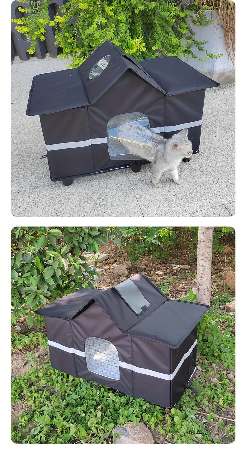 Outdoor cat house for winter with a reflective strip and skylight, ensuring visibility and safety in all weather conditions