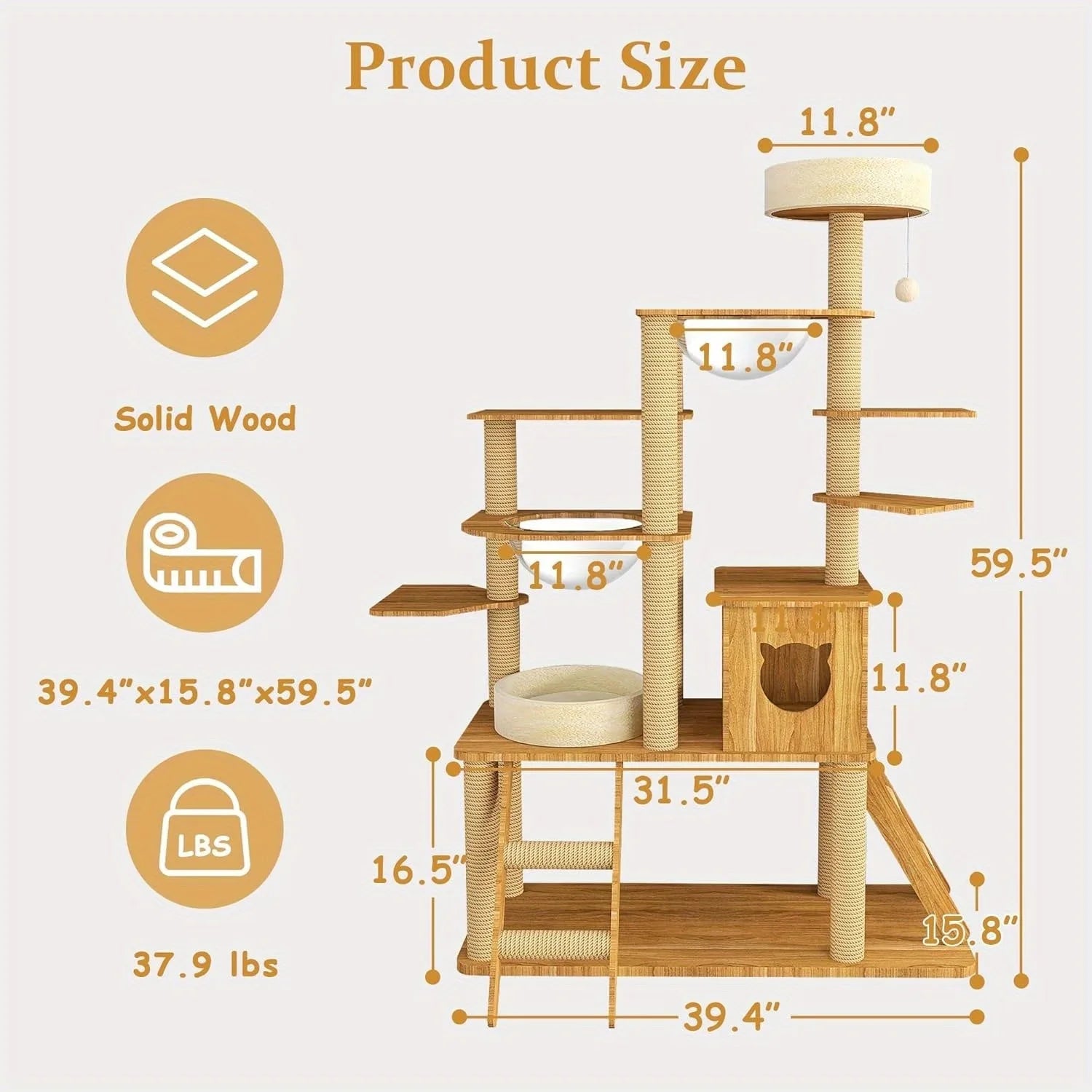 "Firm and durable wooden cat tree with easy assembly and stable design for your cat's safety and enjoyment."