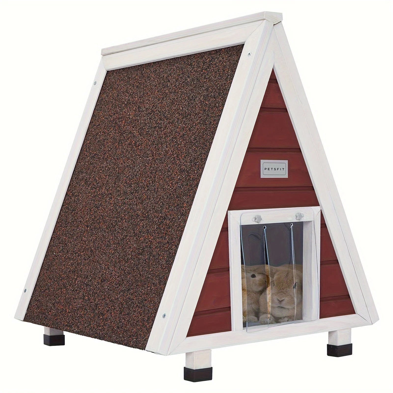 A durable red A-frame small outdoor cat house on a grassy yard, highlighting its weather-resistant and sturdy design