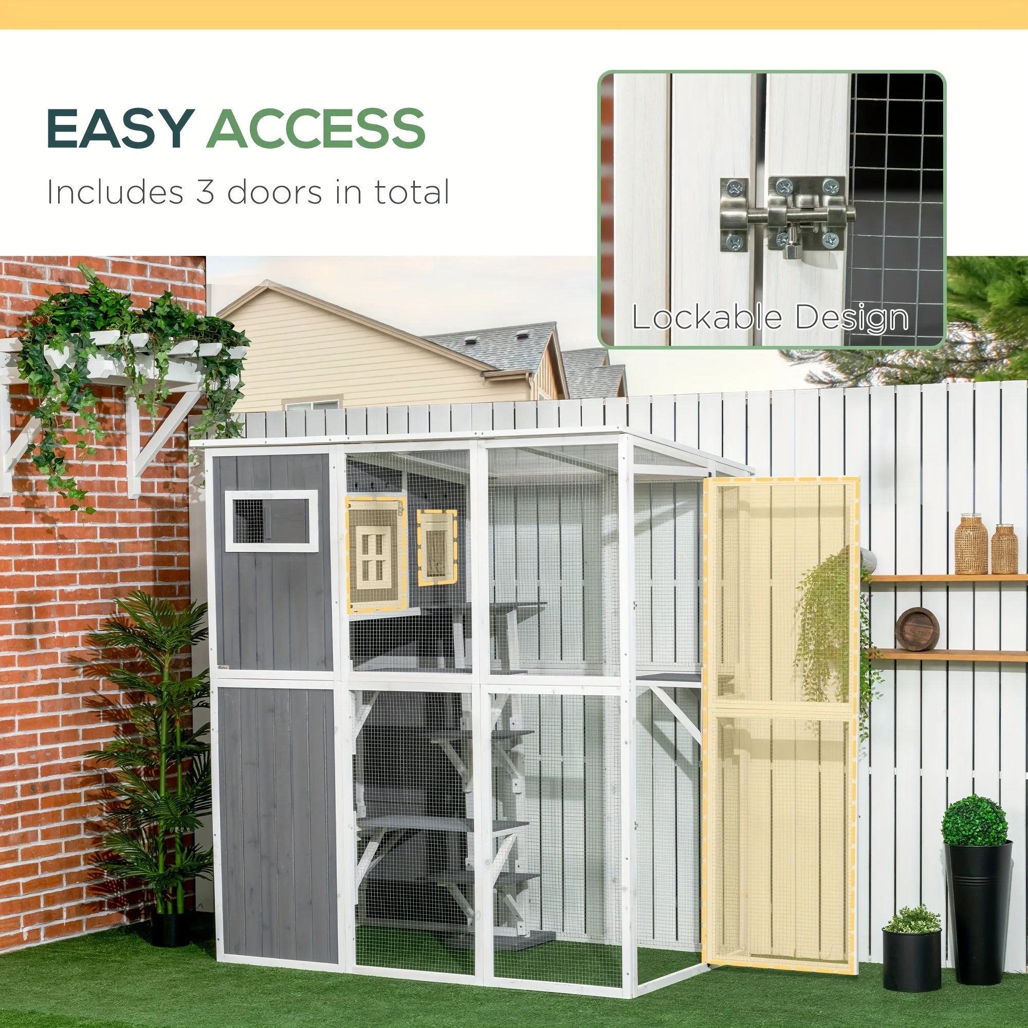 Easy-access outdoor cat cage enclosure with multiple lockable doors for secure entry.