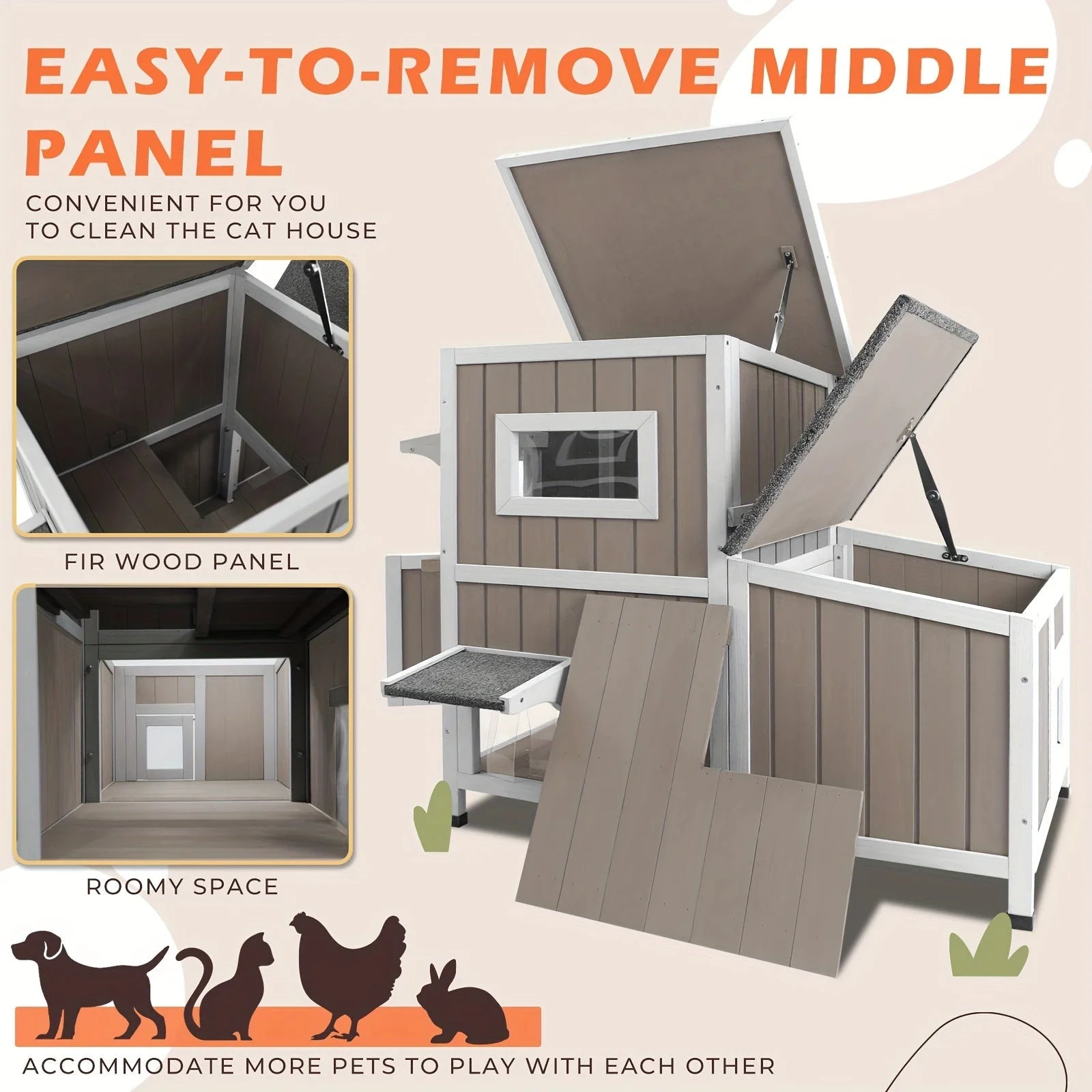 Outdoor cat house for feral cats with a removable panel for easy cleaning and ample space for multiple pets