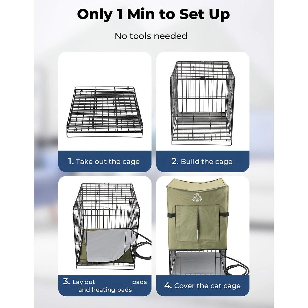 Step-by-step instructions for setting up a heated cat house for outside, requiring no tools and taking just one minute.