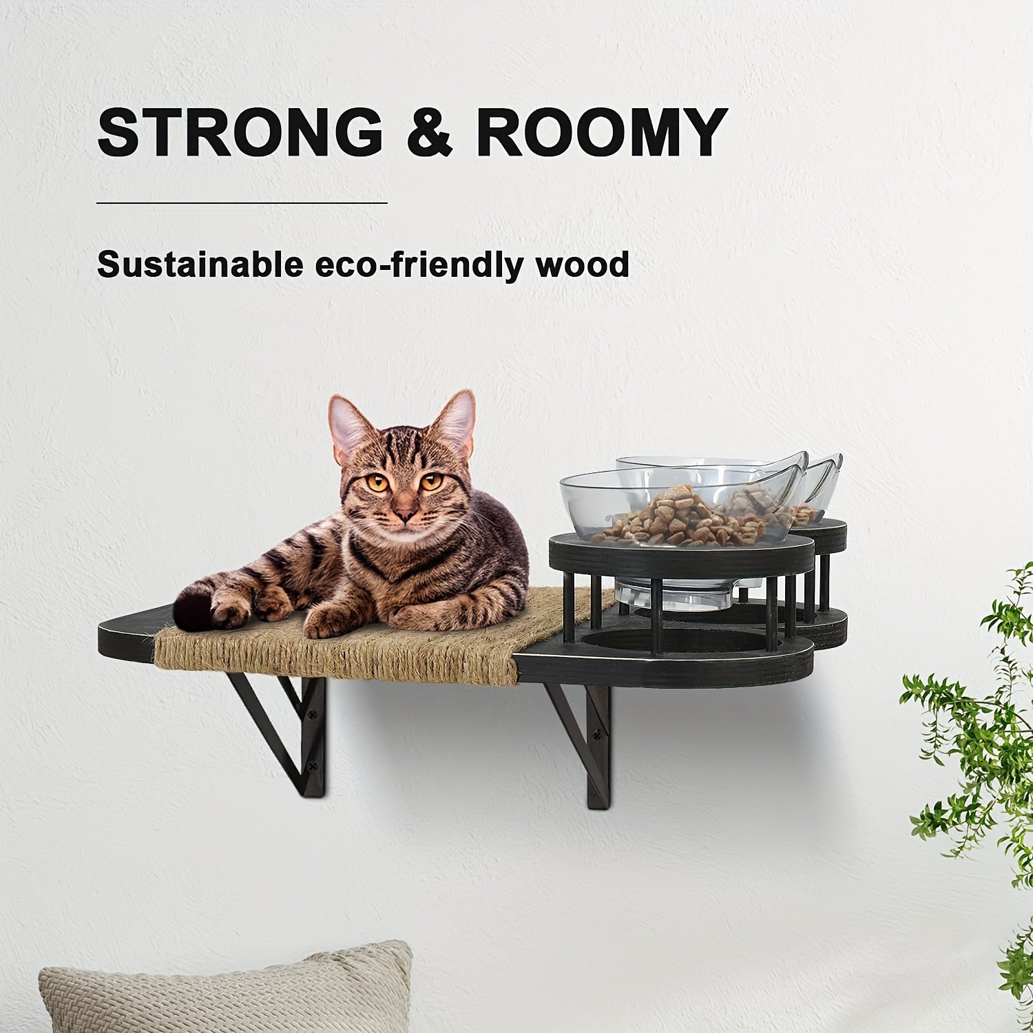 Eco-friendly black cat perch wall mount with sustainable wood design and integrated food station.