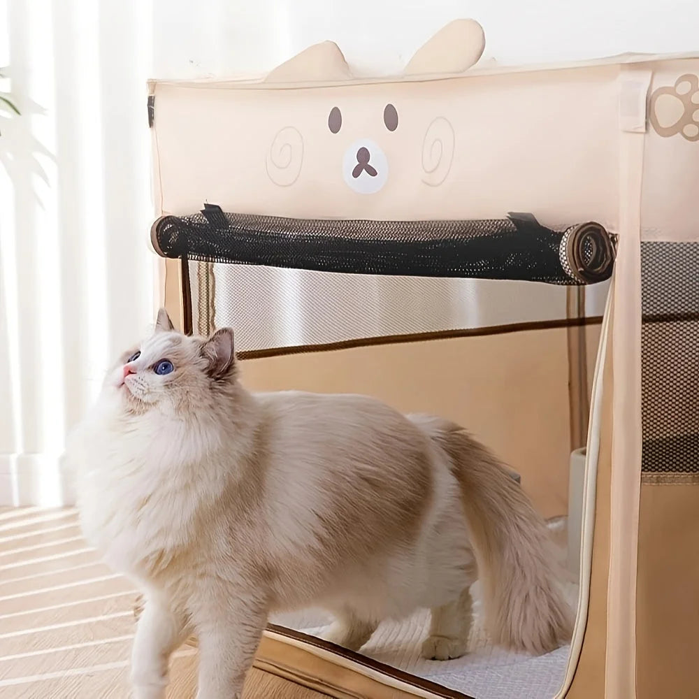 Elegant fluffy cat standing beside a beige cage for cats with a cute animal design.