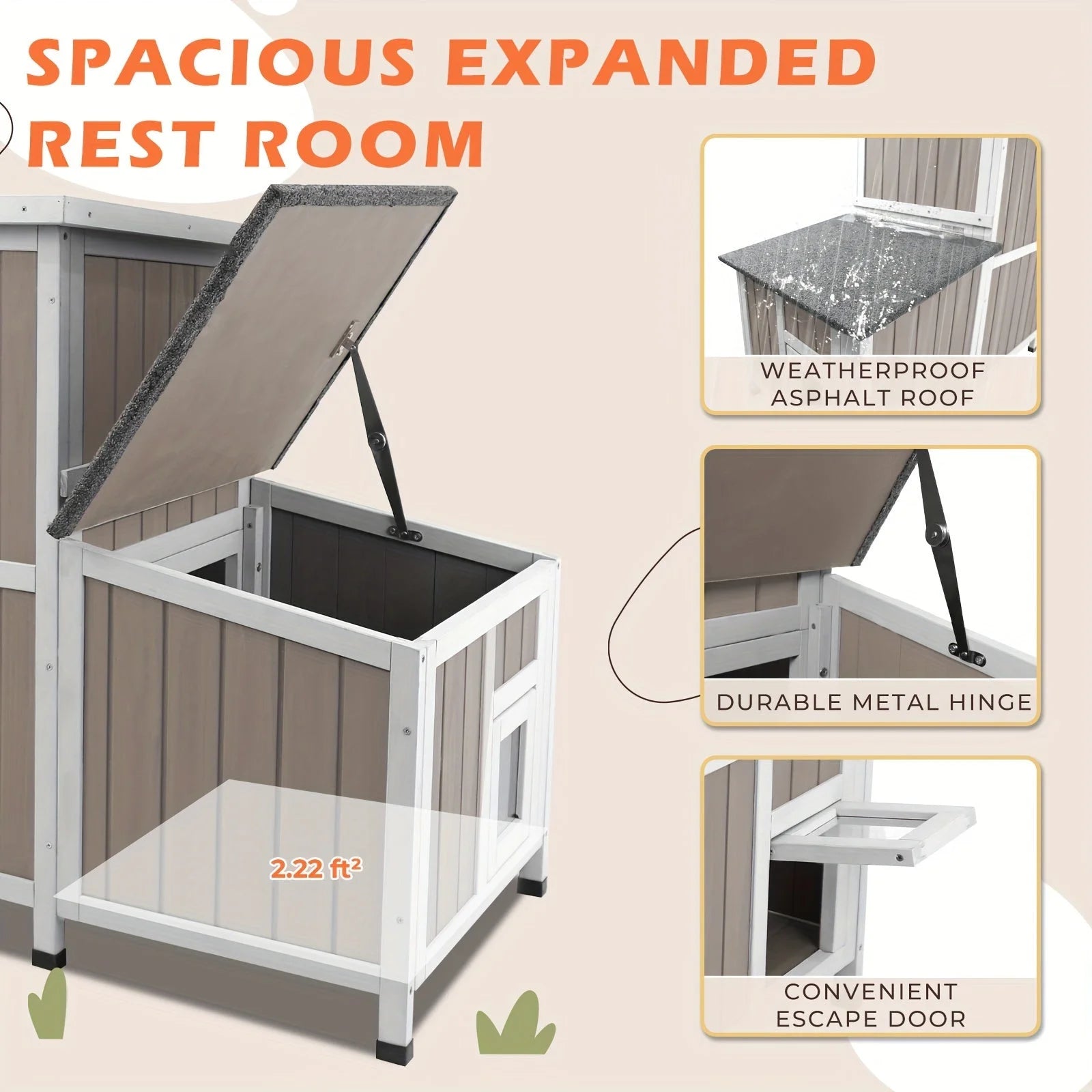  Outdoor cat house for feral cats featuring an expanded rest area with a durable roof and escape door