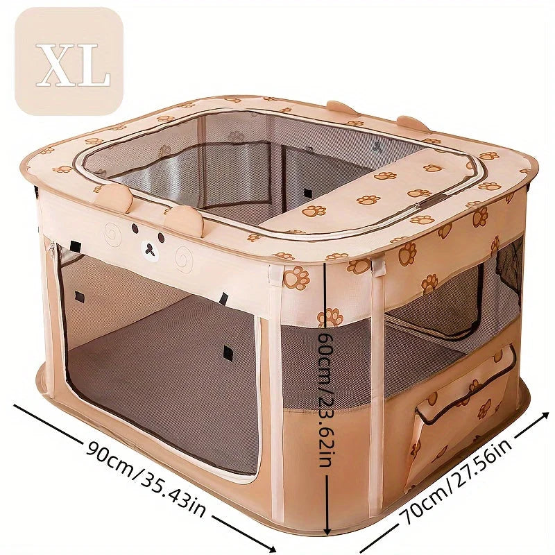 A large, tan-colored pet playpen with mesh sides, decorated with paw prints on the top. The playpen has an open top and zippered entry.