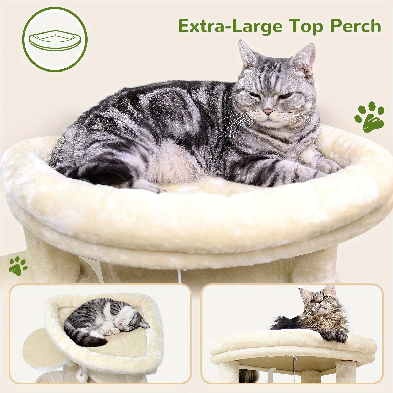 Extra-large top perch of a chewy cat tree, offering comfort and space for large cats to relax and stretch.