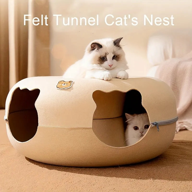 High-quality felt cat tunnel bed with a cozy design, providing a relaxing nest for cats to rest and play.