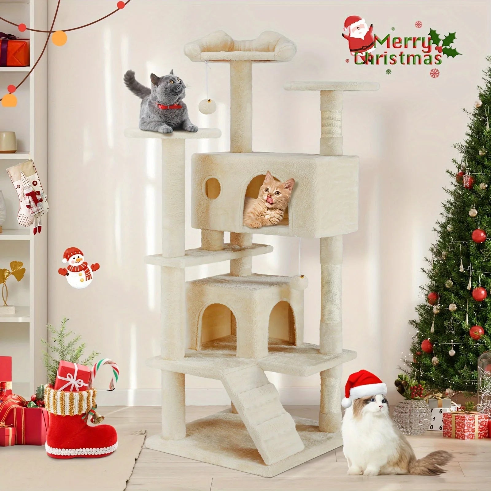 Festive cat tree decorated with Christmas ornaments, blending perfectly with cats and Christmas trees during the holidays.